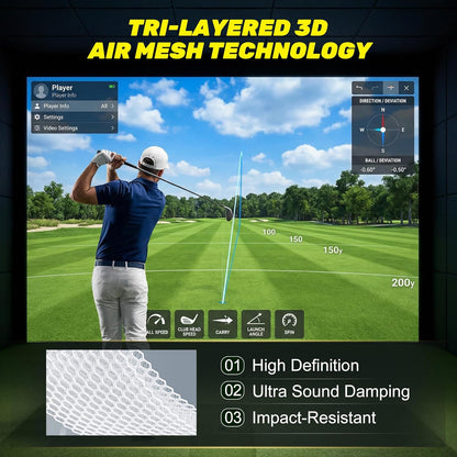 Golf Impact Screen, 3D Air Mesh Golf Simulator Impact Screen, Thicken HD Projector Screen for Hitting Training Practice Home/Indoor/Outdoor with Webbing Buckles & Bungee Cords