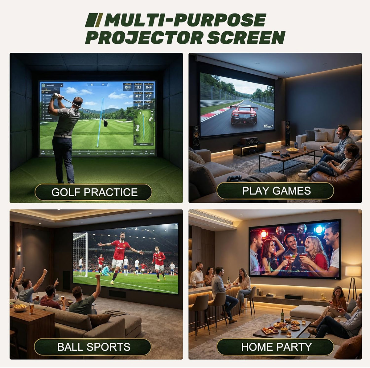 Golf Impact Screen, 3D Air Mesh Golf Simulator Impact Screen, Thicken HD Projector Screen for Hitting Training Practice Home/Indoor/Outdoor with Webbing Buckles & Bungee Cords