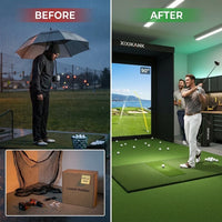 Golf Simulator Enclosure for Home Instant Quick and Easy Tool-Free Setup in 5 Mins Golf Hittig Cage - Complete Set with Heavy Duty Frame,Hd Impact Screen and Putting Green Turf (8X8 Ft) — Before & After