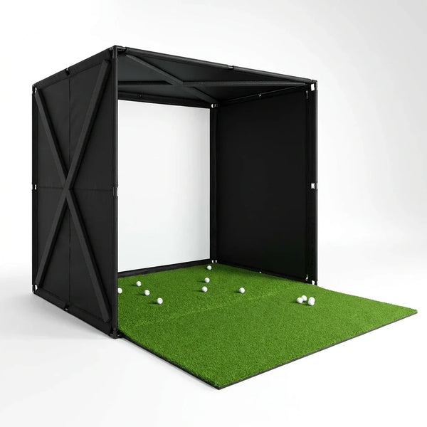 Golf Simulator Enclosure for Home Instant Quick and Easy Tool-Free Setup in 5 Mins Golf Hittig Cage - Complete Set with Heavy Duty Frame,Hd Impact Screen and Putting Green Turf (8X8 Ft) — Studio Shot