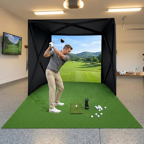 Golf Simulator Enclosure Built for Home Practice, 8x8 Ft Square, Tool-Free Setup, HD Impact Screen